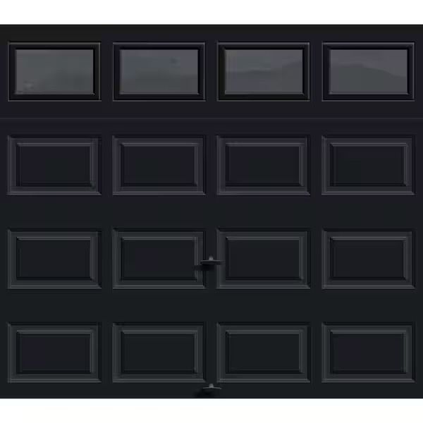 Black raised-panel garage door with top windows product showcase